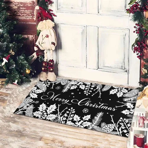 Miniatura 2 de Tapete negro de Navidad para entrada al aire libre, antideslizante, ramas de pino acebo, piñas, decoración de Feliz Navidad, tapete lavable