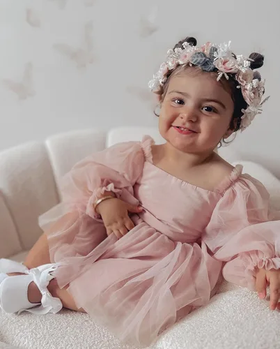 Miniatura 2 de FYBITBO Mameluco para bebé recién nacida, con lazo frontal, manga larga abombada, tul en capas, tutú con diadema