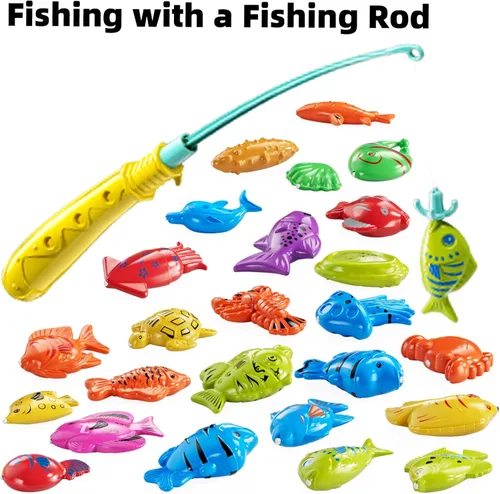 Miniatura 4 de TEMI - Juego de pesca para niños de 3, 4, 5, 6, 7, 8 años, juego de baño con 51 peces para niños pequeños, juguete con caña magnética y red
