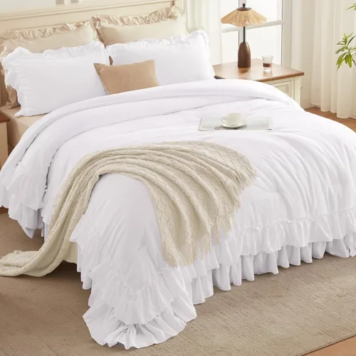 Miniatura 2 de Andency Juego de edredón blanco California King, 3 piezas ligero y esponjoso de granja shabby chic juegos de ropa de cama edredón, microfibra suave