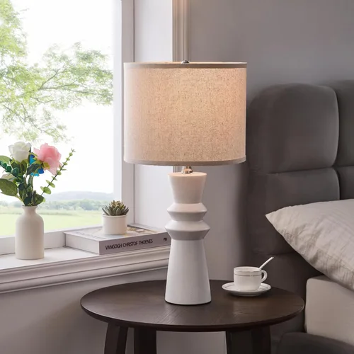 Miniatura 6 de Juego de 2 lámparas de mesa minimalistas de cerámica blanca de 24.75 pulgadas, lámpara de mesa auxiliar moderna Neutral White Lamps Set of 2, For