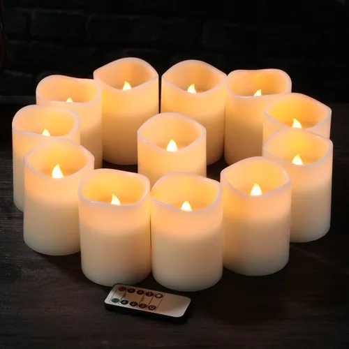Miniatura 2 de Juego de 12 velas sin llama, funciona con pilas, velas LED de cera real de pilar (3 pulgadas de profundidad x 4 pulgadas) con control remoto de 10