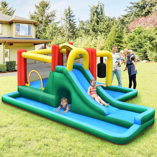 Miniatura 8 de BOUNTECH Tobogán acuático inflable, tobogán acuático para niños, casa de rebote en húmedo y seco, combo para diversión al aire libre con soplador
