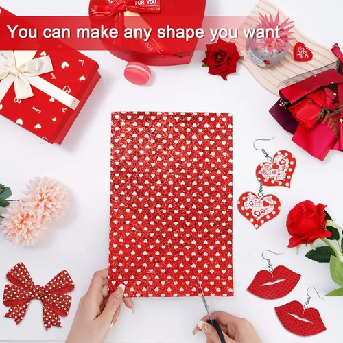 Miniatura 4 de Whaline 12 hojas de cuero sintético de San Valentín de 12 x 8 pulgadas, tela de cuero sintético con purpurina de corazón rojo, surtido de tela