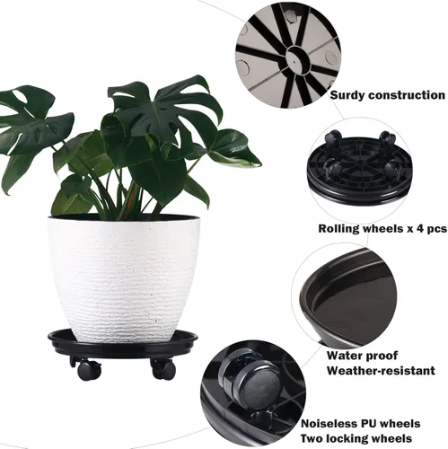 Paquete de 5 organizadores grandes para plantas con ruedas de poliuretano, soportes rodantes de plantas de 12 pulgadas, base de rodillos de plástico