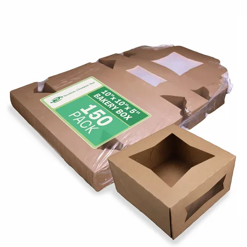 Southern Champion Tray 23053K Caja de panadería de ventana de esquina con cerradura de cartón Kraft, 10 pulgadas de largo x 10 pulgadas de ancho x 5
