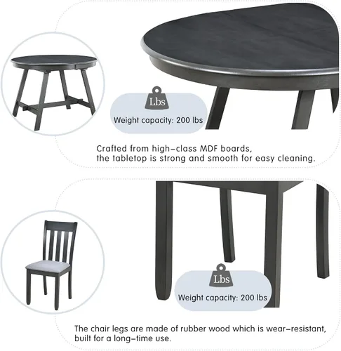 Miniatura 4 de Harper & Bright Designs Juego de mesa de comedor de madera de 5 piezas, mesa de comedor redonda extensible con 4 sillas de comedor, juego de cocina