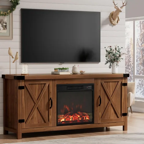 Miniatura 9 de Furmax - Soporte de TV con chimenea para televisor de 65 pulgadas, centro de entretenimiento con gabinetes de almacenamiento y 2 estantes abiertos
