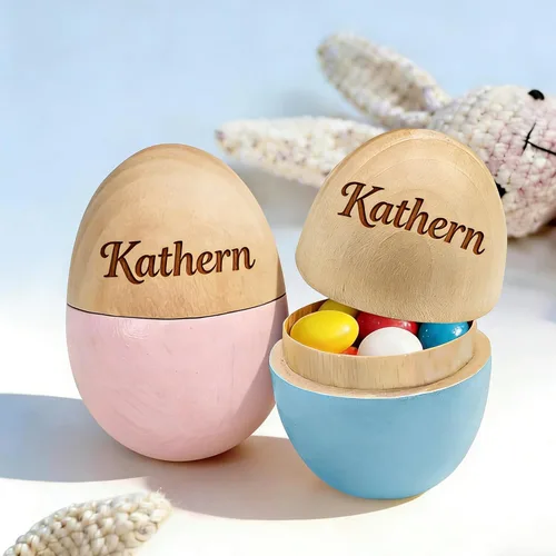 Miniatura 4 de Artsadd Huevo de Pascua de madera personalizado – Huevo de madera grabado con láser personalizado para niños y niños pequeños, relleno de cesta