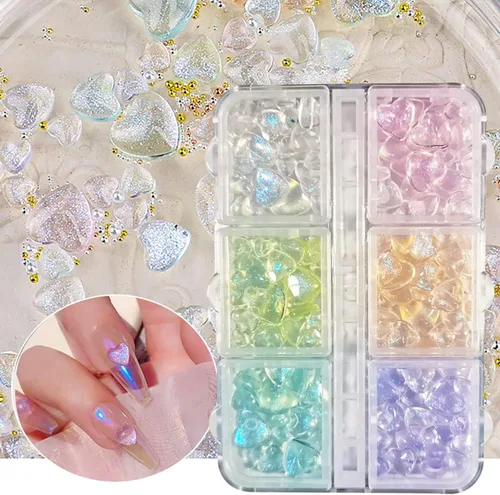 3D Aurora - Dijes para uñas de corazón, 200 piezas de gemas brillantes de arte de uñas, 6 colores, purpurina de cristal, para el día de San