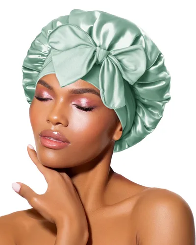 Miniatura 31 de Gorro de satén de seda para dormir con banda ancha para cabello rizado, color rosado oro rosa claro