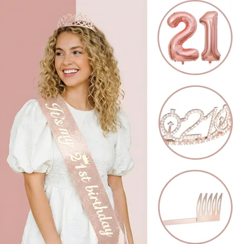 Miniatura 7 de Decoraciones de cumpleaños número 21 para ella: banda de oro rosa, corona, adorno de pastel, velas digitales, juego de globos, tarjeta de cumpleaños