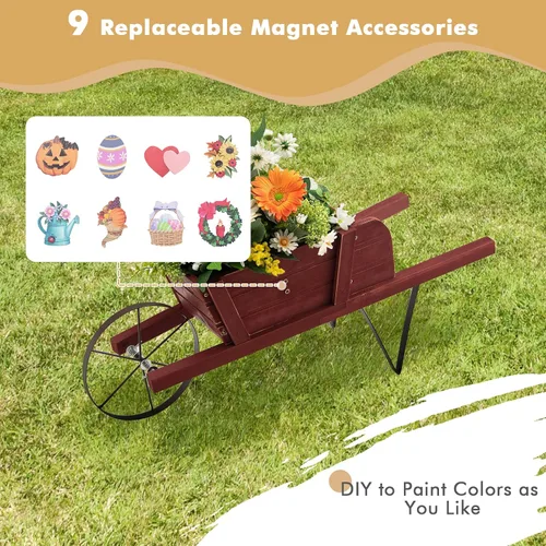 Miniatura 5 de HAPPYGRILL Planta de carro de carretilla, maceta pequeña de madera de pino maciza con soporte de metal triangular, 2 asas de ahorro de energía
