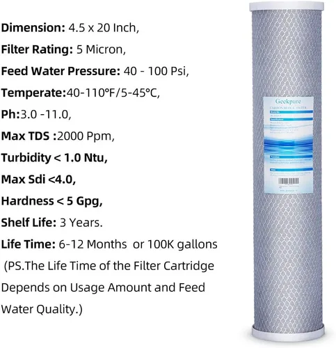 Miniatura 5 de Geekpure Filtro de agua de bloque de carbono de 20 pulgadas que elimina olores de sabor a cloro para filtración de toda la casa, 4.5 x 20 pulgadas