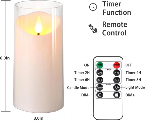 Miniatura 6 de NURADA Velas sin llama parpadeantes de 3 x 6 pulgadas: velas LED de pilar de acrílico de mecha 3D que funcionan con pilas, velas de batería