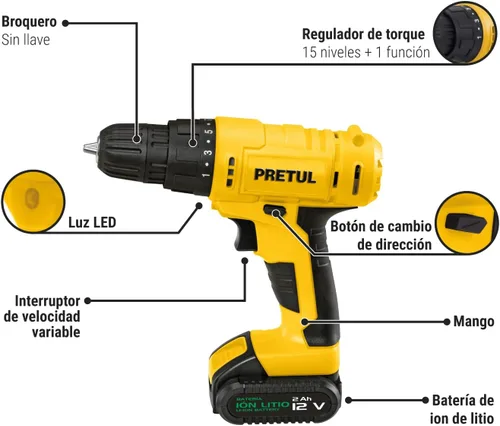 Miniatura 3 de Taladro inalámbrico, batería de iones de litio 12 V Pretul
