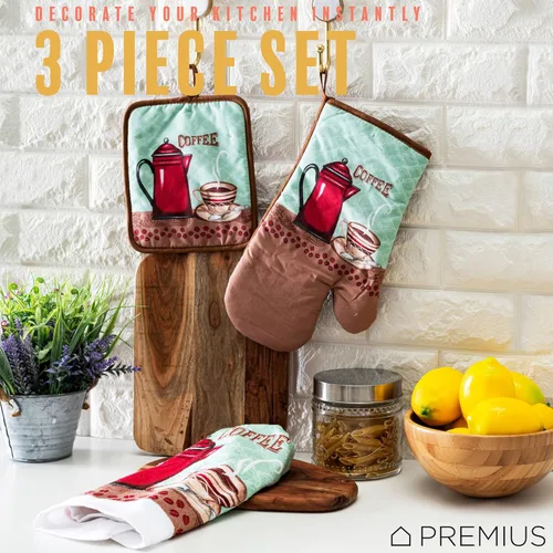 Miniatura 3 de Juego de ropa de cocina estampada de 3 piezas, 1 toalla de algodón, 1 agarradera, 1 guante de horno con lazo para colgar, material 100% algodón