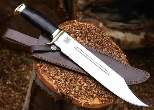 SHINY CRAFTS® -Cuchillo Bowie para exteriores de regalo - Hoja fija de 18 pulgadas con mango de cuero negro y funda para senderismo, bushcraft y