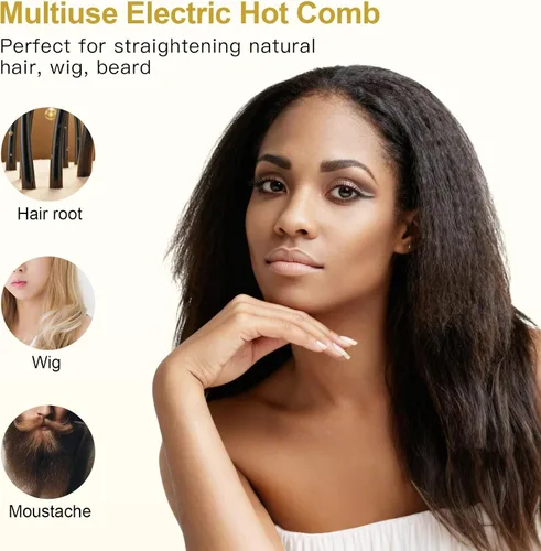 Miniatura 5 de Peine caliente de titanio en forma de V para pelucas y cabello negro natural, peine de presión de doble voltaje 100240V con 3 ajustes de calor