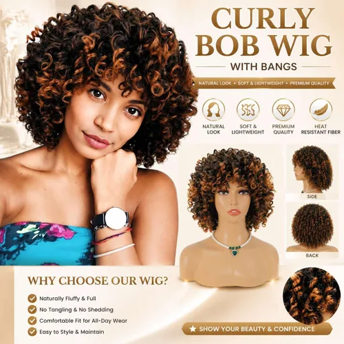 Miniatura 2 de Curly Wigs for Black Women Short Curly Wig with Bangs Soft Bouncy Fluffy Small Curls Heat Resistant Synthetic Wig for Daily Party Use Ombre Brown 14