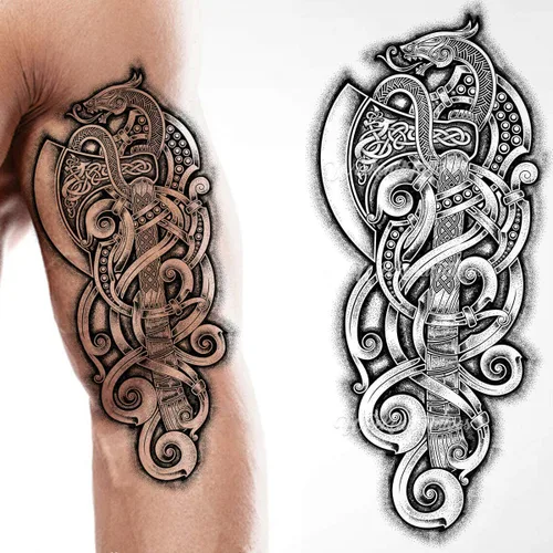 2 tatuajes temporales con hacha vikinga, dragón, nórdico, palo negro, tribal, bárbaro, celta, guerrero, en el cuerpo, pegatina de transferencia,