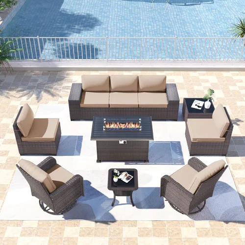 Miniatura 84 de Kullavik Juego de 13 muebles de patio al aire libre con mesa de fogata de gas propano de 43 pulgadas, 55000 BTU, mimbre de polietileno, sofá Arena