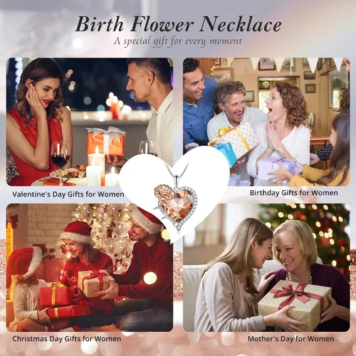 Miniatura 6 de VOROCO Collar de piedra natal de cristal en forma de corazón con flores de cumpleaños, collar de plata de ley 925 con colgante de amor para mujer
