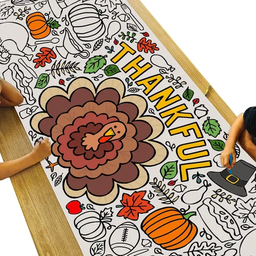 Tiny Expressions Mantel para colorear Thankful para niños, camino de mesa de papel jumbo de 30 x 72 pulgadas para decoraciones de cena de pavo de