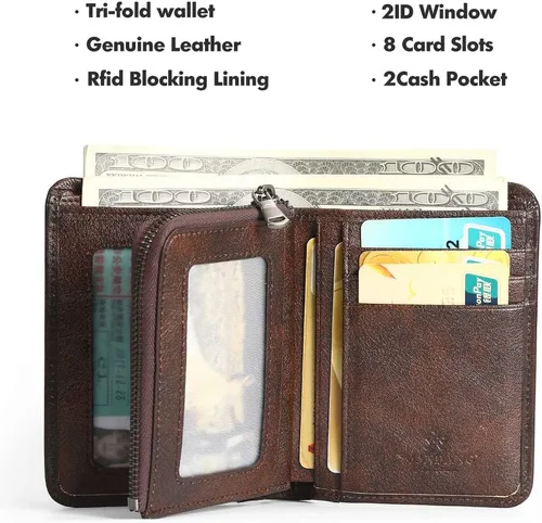 Miniatura 28 de Billetera para hombre con cremallera de cuero genuino RFID tarjeteros de piel de vaca con cremallera bolsillo para monedas, carteras plegables
