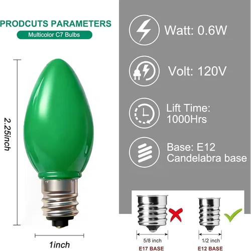 Miniatura 2 de Oviejo Paquete de 25 bombillas de repuesto C7 para luces navideñas, bombillas LED verdes C7 para luces de cadena navideñas, bombillas vintage C7 E12