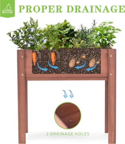 Miniatura 6 de Cama de jardín elevada con patas, 31 x 16 x 31 pulgadas, jardinera elevada de madera para exteriores, patas gruesas, con forro Marrón