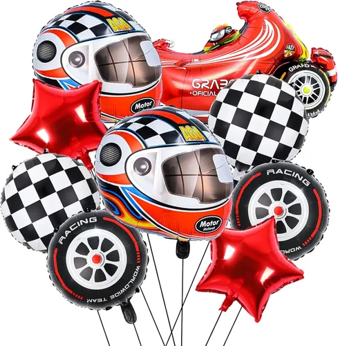 Miniatura 7 de Piokio 9 globos de auto de carreras, globos negros número 1 a cuadros para decoración de fiesta temática de primer cumpleaños de carreras