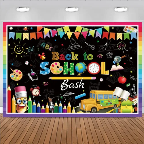 Miniatura 2 de Telón de fondo de pizarra de regreso a clases, primer día de escuela, fiesta, lápiz, autobús escolar, decoración colorida para niños, cabina