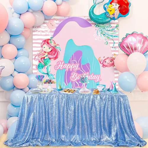 Mantel de lentejuelas brillantes QueenDream de 60 x 102 pulgadas, para decoración de fiesta, boda, cumpleaños, baby shower, color azul bebé