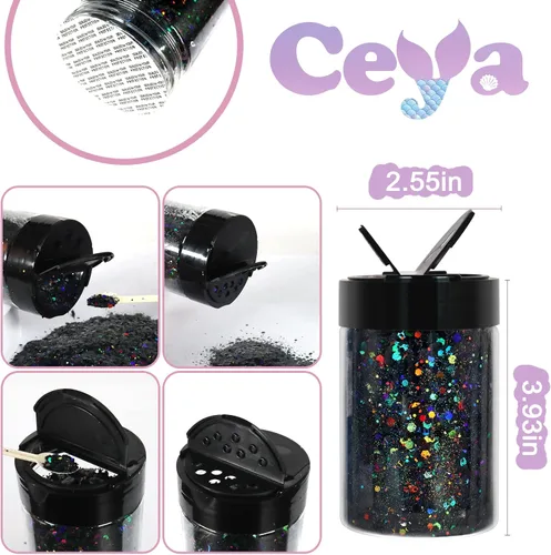 Miniatura 4 de Ceya - Purpurina gruesa holográfica, 140 g / 4.9 oz de polvo de purpurina negra para manualidades, lentejuelas finas y gruesas mezcladas, B-Laser