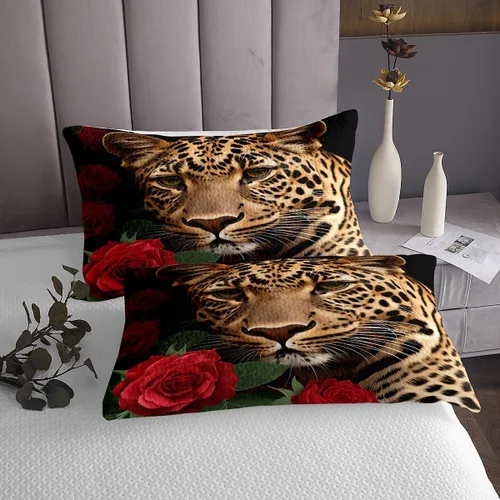 Miniatura 4 de Erosebridal Juego de ropa de cama con diseño de rosas rojas y leopardo, animales salvajes africanos acolchados, para jóvenes damas, románticas
