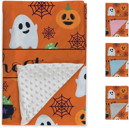 Miniatura 2 de Manta de Halloween personalizada, nombre personalizado con diseños de dibujos animados de Halloween, manta de franela de felpa suave con respaldo