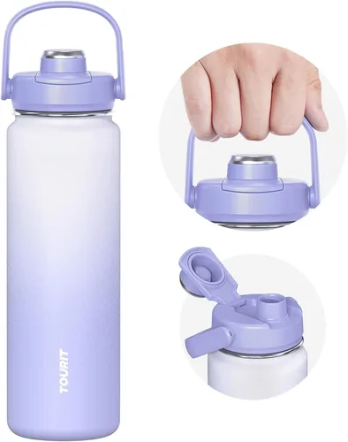 Miniatura 19 de TOURIT Botella de agua aislada de 32 onzas, botella de acero inoxidable con popote, aislamiento al vacío de doble pared para bebidas frías