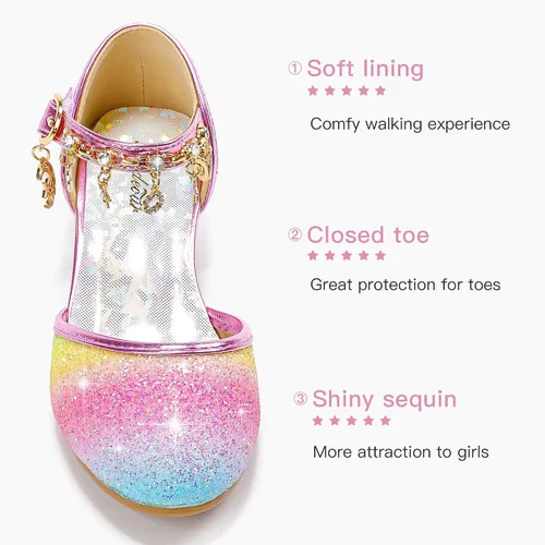 Miniatura 4 de Furdeour Sandalias para niñas con lazo brillante, zapatos de vestir de princesa con tacones altos de cristal, para fiestas, bodas, flores, zapatos