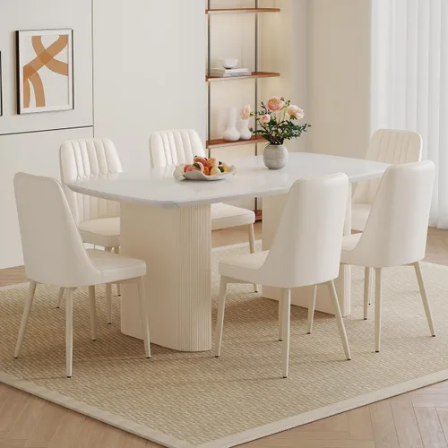 Miniatura 2 de Ebullient Juego de mesa de comedor blanca de 67'' para 6, juego de sillas de mesa de cocina con elegante base de pedestal ondulado, juego moderno