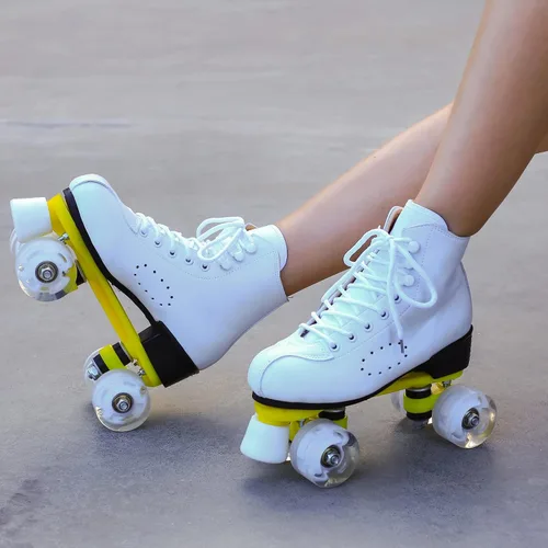Miniatura 5 de Patines de ruedas para hombres y mujeres, patines Derby negros con 4 ruedas brillantes, patines clásicos de doble fila para interiores y exteriores