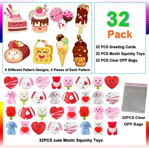 Miniatura 3 de JIALWEN Paquete de 32 juguetes esponjosos Mochi para niños, juguetes para ansiedad esponjosos, regalos de San Valentín, tarjetas de felicitación