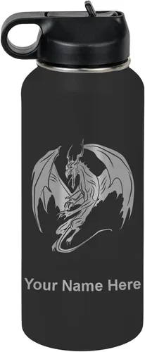 Miniatura 75 de LaserGram Botella de agua con tapa abatible de doble pared de 12 onzas con pajilla, dragón, grabado personalizado incluido (negro)