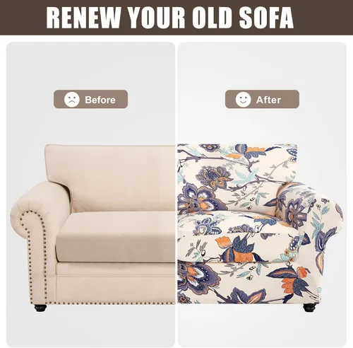 Miniatura 7 de SearchI - Funda de sofá elástica con estampado floral, 3 piezas, incluye 2 fundas de cojín independientes, protector lavable para muebles de sala