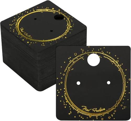 Joycraft Tarjetas de exhibición, 100 etiquetas negras con papel de aluminio dorado, papel colgante cuadrado de 2 pulgadas para aretes, personalizado