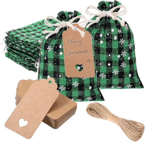 Miniatura 10 de Shappy 24 bolsas de Navidad con cordón, bolsas de arpillera a cuadros de Navidad, bolsas de lino con cuerda de 32.8 pies, 24 tarjetas