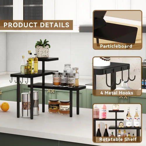 Miniatura 6 de IBUYKE Organizador de encimera, estantes de especias de 3 niveles, estante de esquina de encimera de cocina, 4 ganchos laterales, estante ajustable