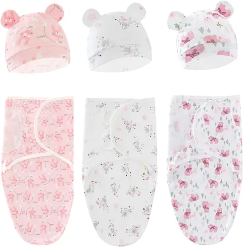 Miniatura 17 de Juego de saco de dormir para bebé con gorro para bebés de 0 a 3 meses, paquete de 3 unidades, algodón suave para recién nacidos, para niñas y niños