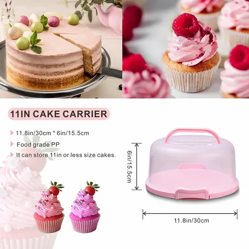Miniatura 5 de Porta pasteles de plástico de 10 pulgadas con asa, soporte redondo para pasteles con tapa, recipiente rosa para pasteles de 6 pulgadas/8 pulgadas/10