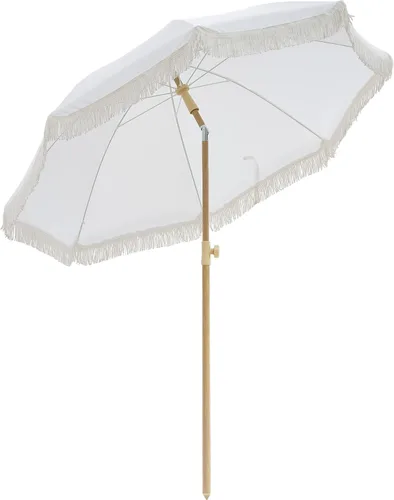 Miniatura 11 de Umberlla de patio bohemio de 6.5 pies con flecos, sombrilla para exteriores UPF50+ con varillas de fibra de vidrio y botón de inclinación, paraguas